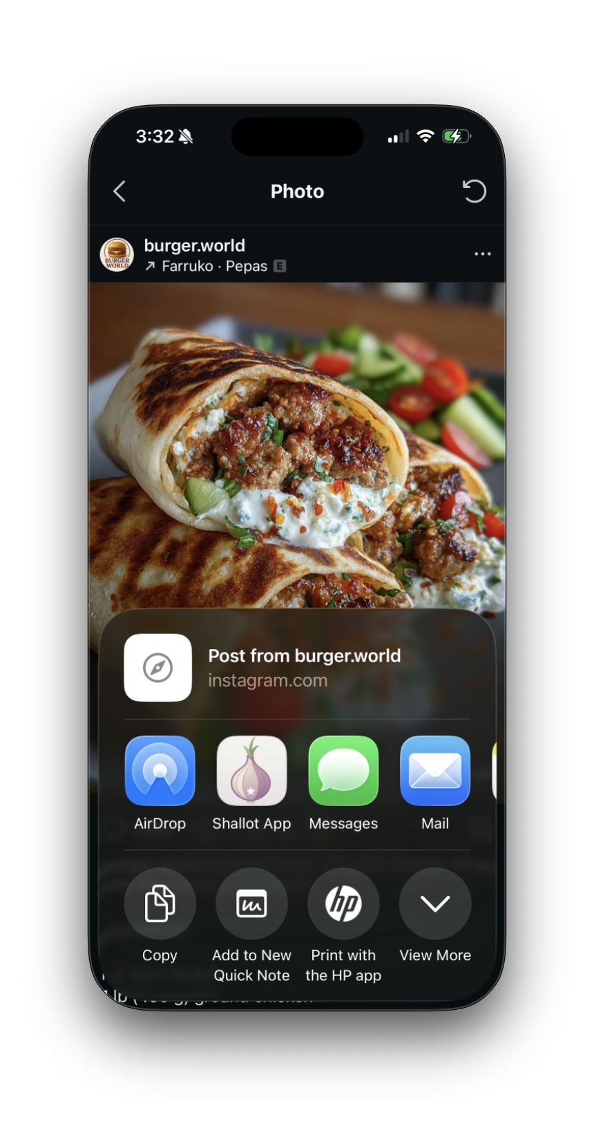 The iOS share sheet open with the Shallot app icon visible alongside AirDrop, Messages, and Mail