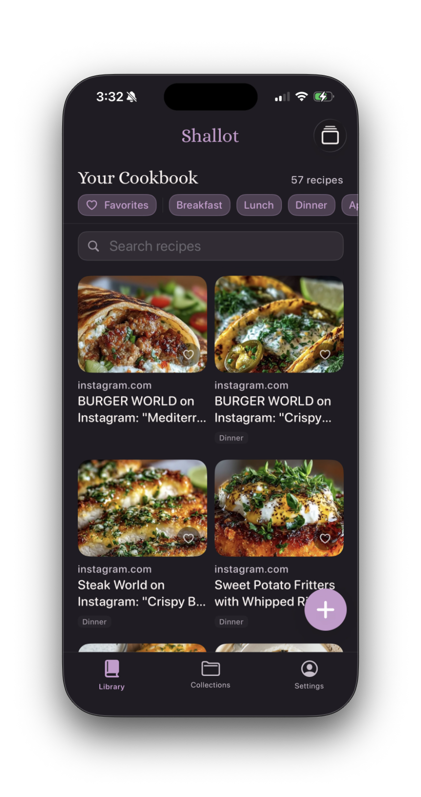 The Shallot cookbook library view showing saved recipes organized in a grid with category filters