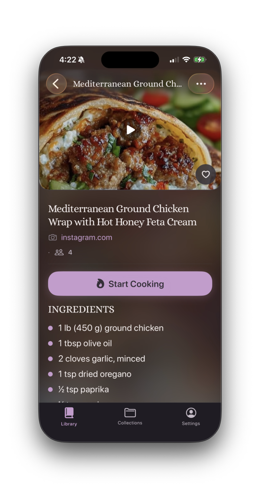 A saved recipe detail view in Shallot showing the title, source link, ingredients, and a Start Cooking button